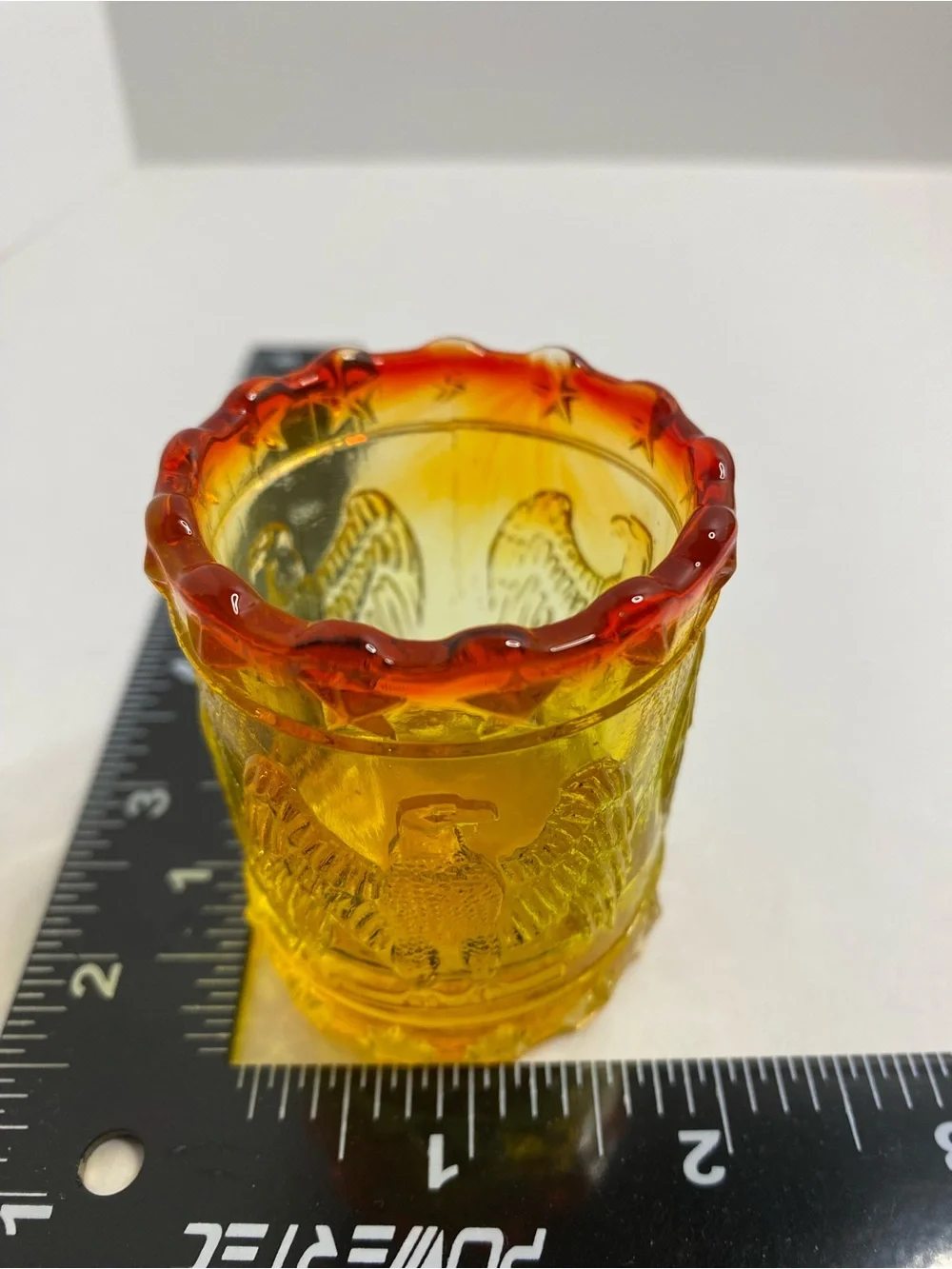 Vintage Kanawha Amberina Glass Toothpick Holder Eagle and Stars Patriotic Design